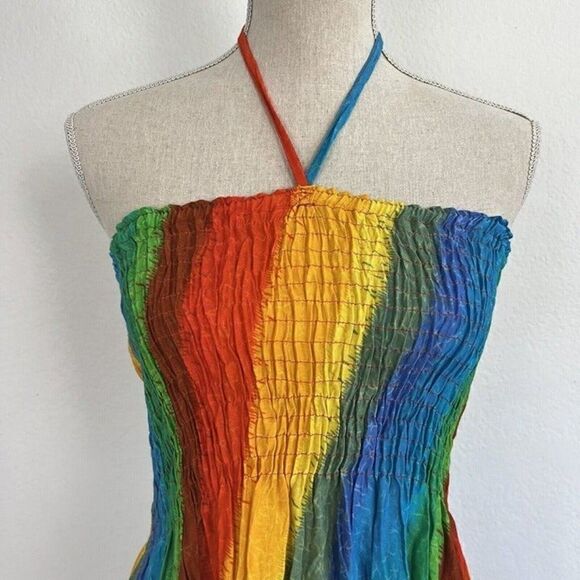 Vintage Women’s Rainbow Tie Dye Hippie Smocked Summer Mini Tube Top Dress OS - Picture 5 of 12